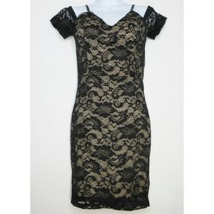 Black Lace Fitted Dress Juniors M Lined Spaghetti Strap Cap Sleeve Papermoon